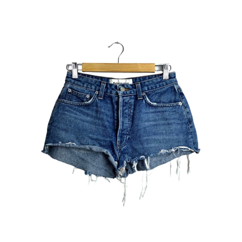 Reformation Blue Distressed Denim Jean Shorts